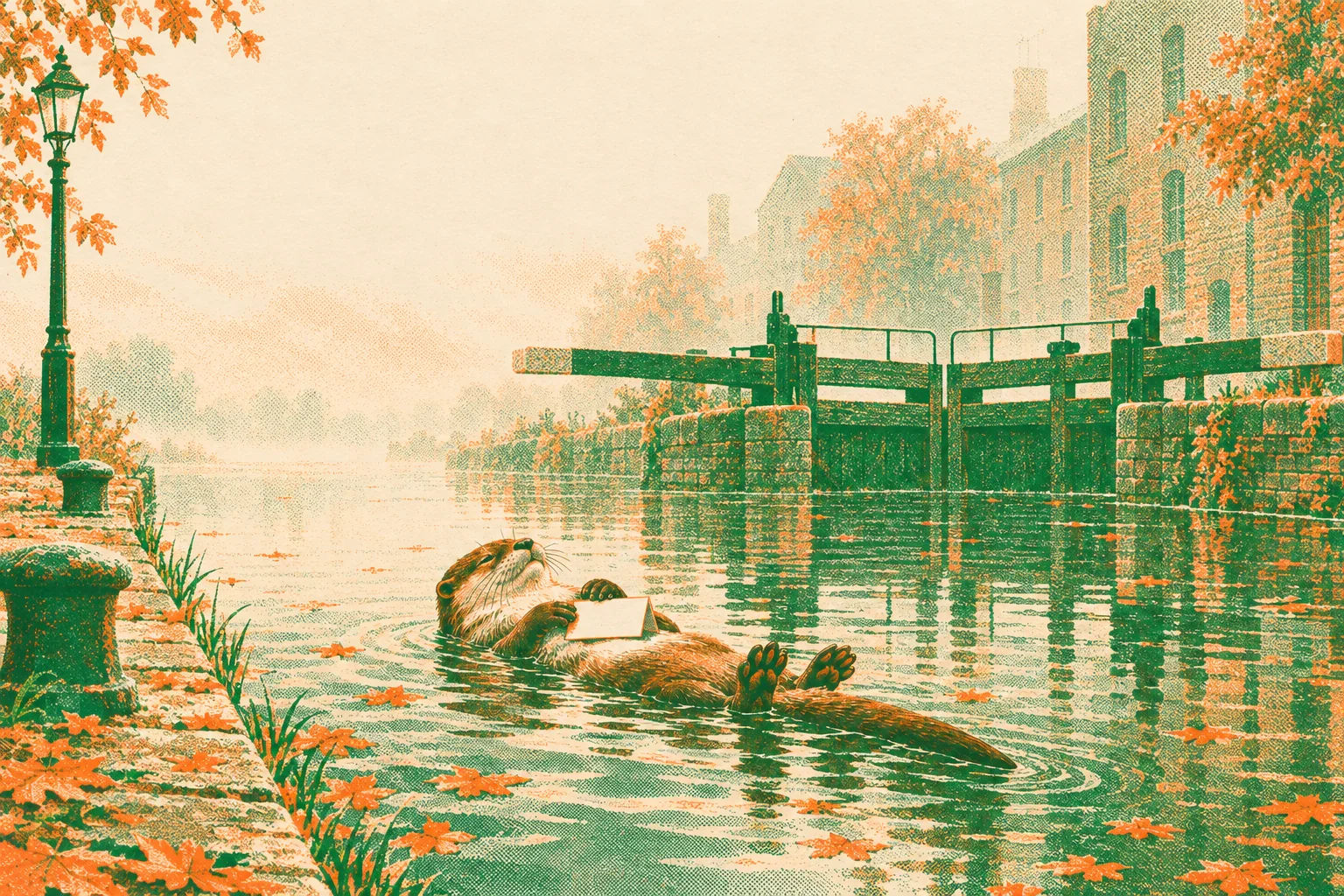 A city canal lock at dawn in October mist, warehouses fading behind, orange leaves on the green water, and the otter floating on its back with its tent card.