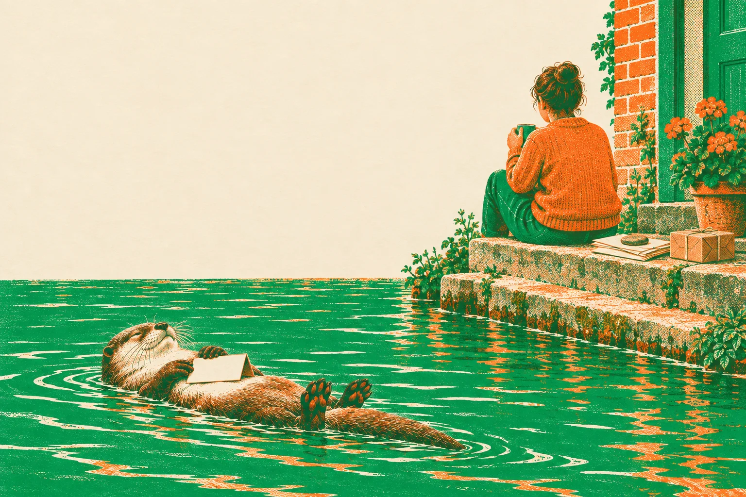A person in an orange jumper sits on stone steps down to a river with a mug, a few folded sheets of post beside them. Below, the otter floats away on its back with a card on its chest.