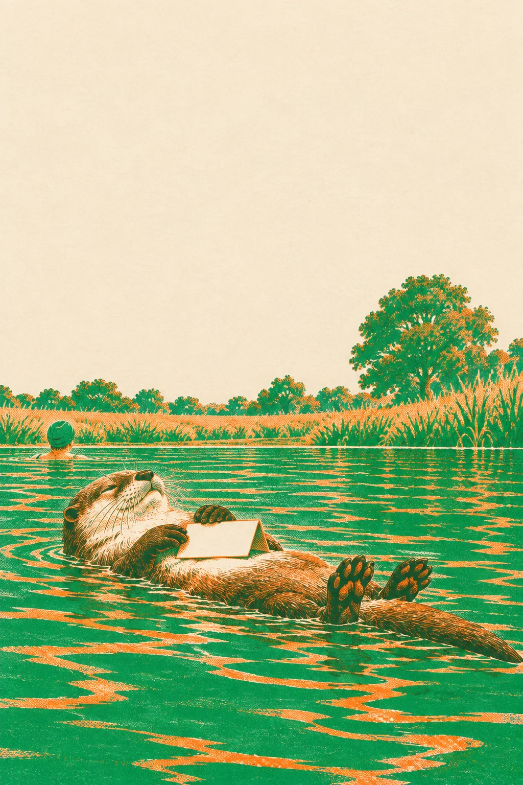 Seen from the water's surface: the otter floats on its back with its folded card, a swimmer's green cap further off, trees on the far bank.
