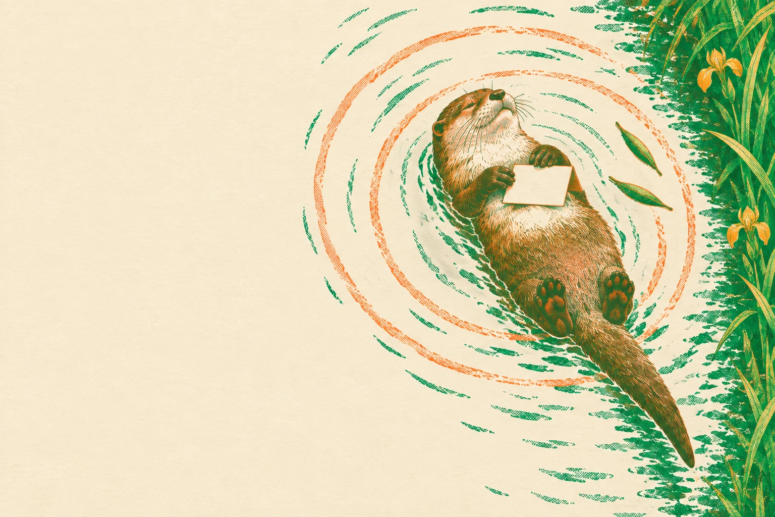 Seen from above, an otter floats on its back on still water, eyes closed, a small cream card folded like a tent on its chest, orange and green ripples spreading round it.