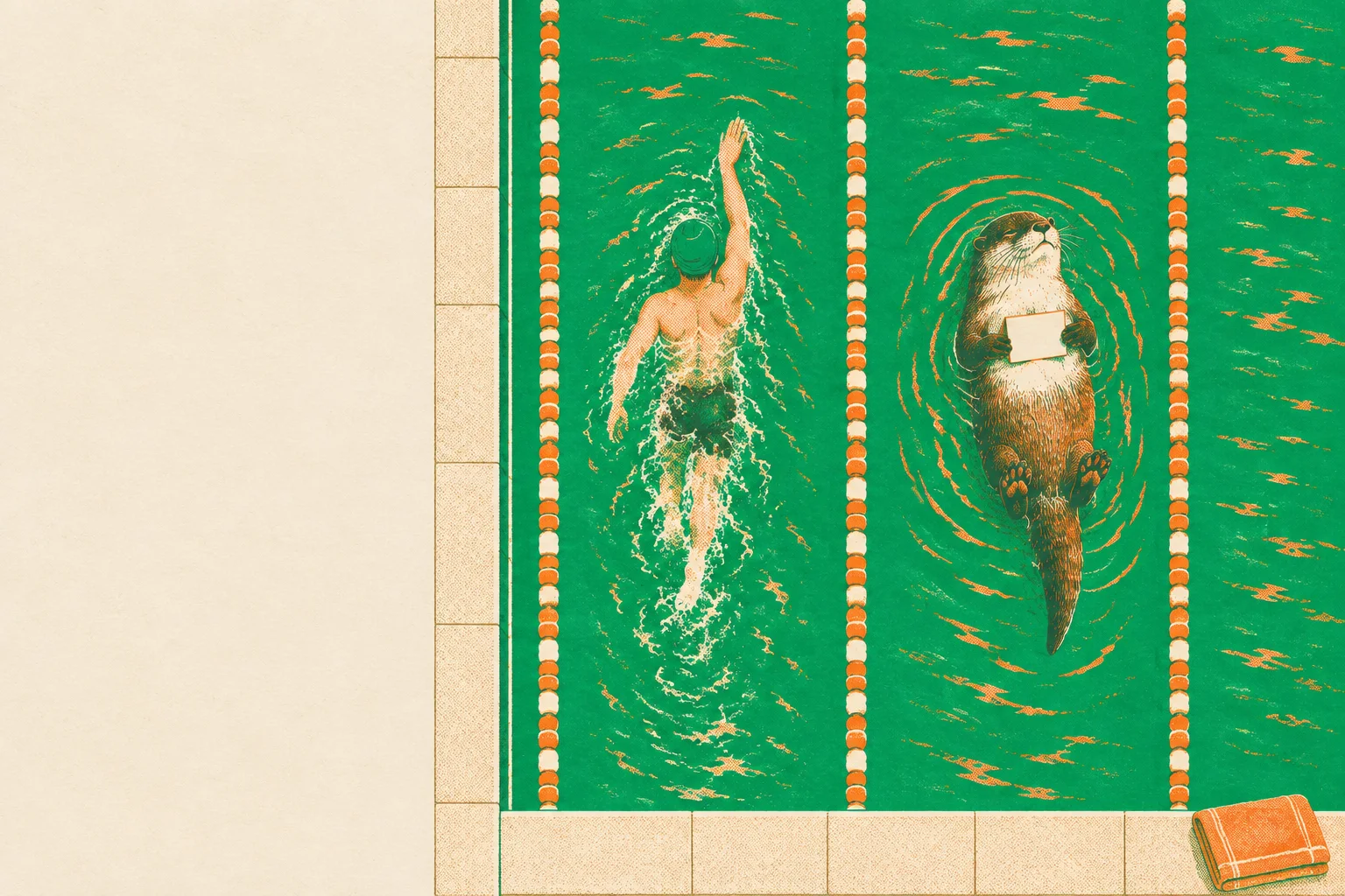 An outdoor lido seen from above: a swimmer in a green cap does lengths in one lane while, in the next, the otter floats on its back with a small card on its chest.