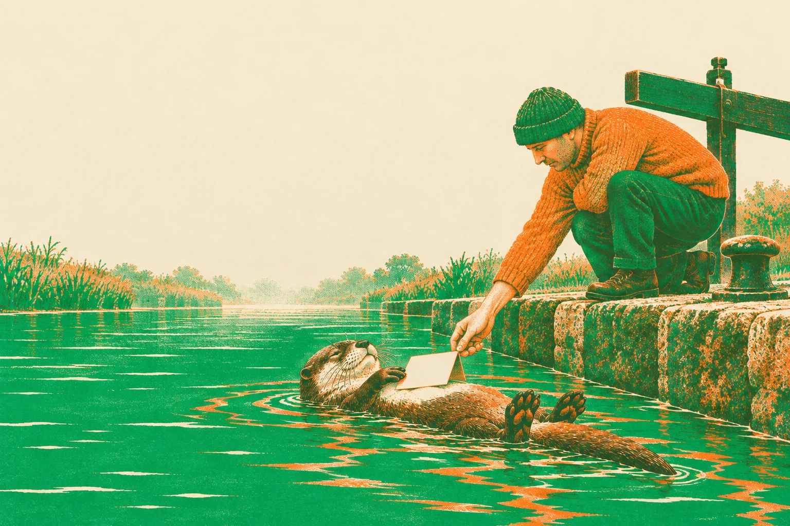 At a canal lock in morning mist, a person in a green knitted cap kneels on the stone edge and reaches down to take the card from the otter floating below.