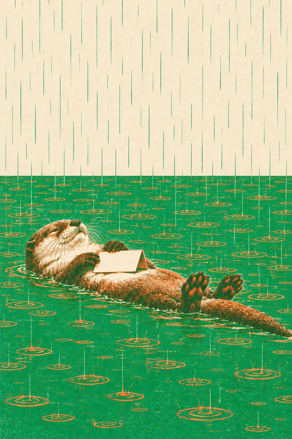 Rain falls in straight green lines on a river covered in orange rain rings, and the otter floats through it on its back with its card, unbothered.
