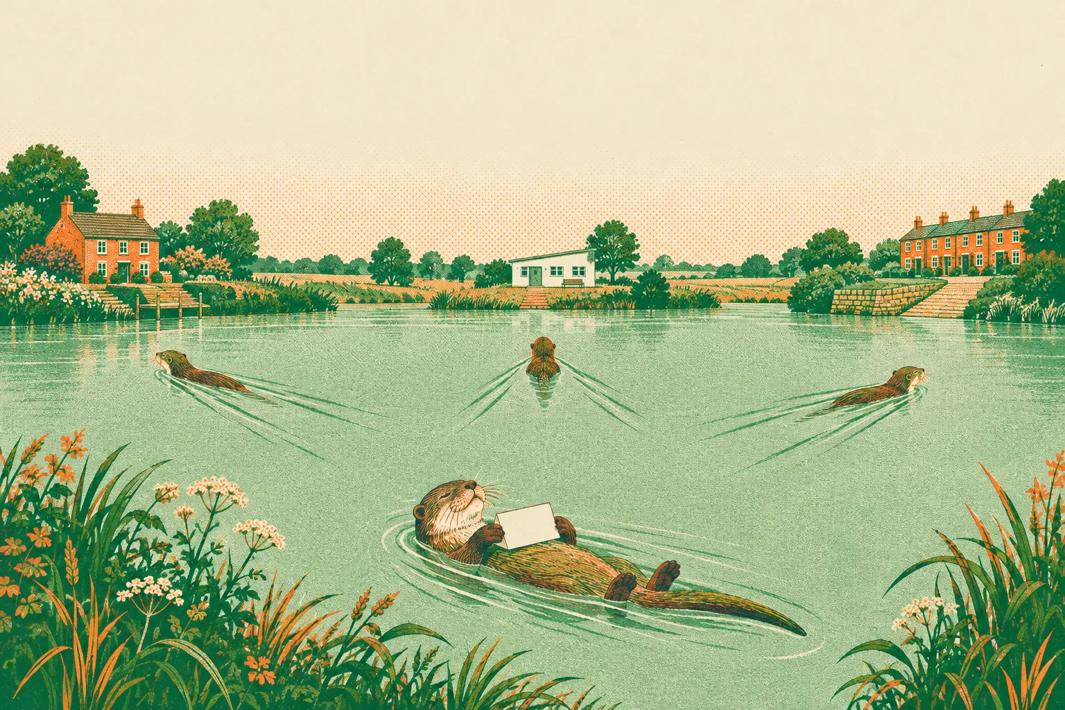 A wide river bend in a small town, three otters swimming out across it while one floats nearer with its card.