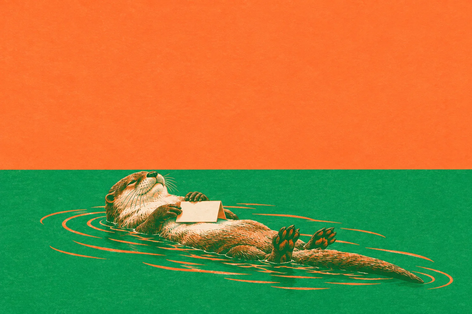 Under a flat orange sky, the otter floats on its back across green water, holding a small cream tent card on its chest.