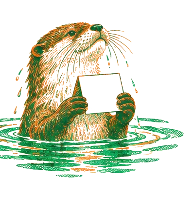 The otter surfaces holding a small card in both paws.